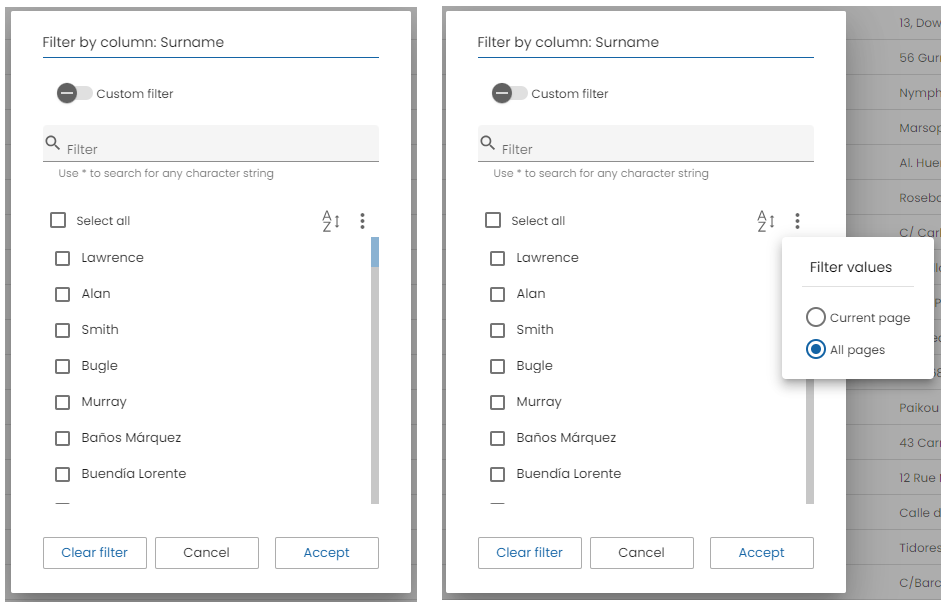 Filtering columns by all data