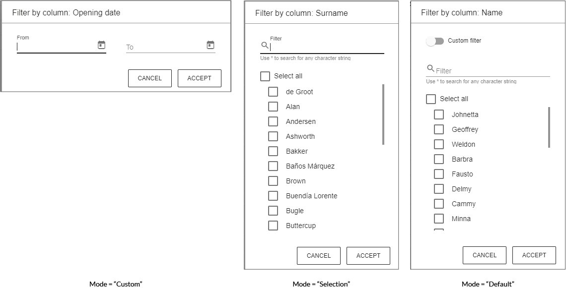 Filtering columns mode